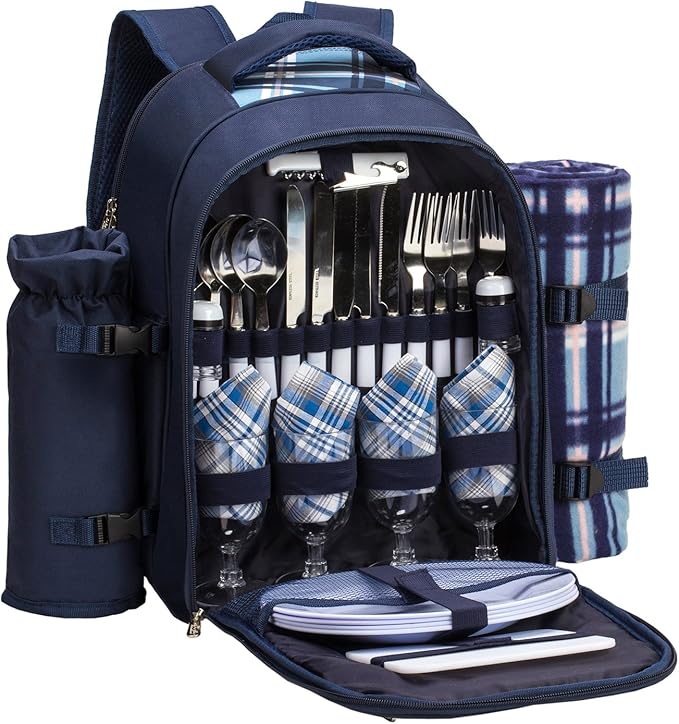 Apollo walker Picnic Backpack Set for 4 with Cooler Compartment,Detachable Bottle/Wine Holder Including Large Picnic Blanket(45"x 53") for Picnic Family and Lovers Gifts,Outdoor,BBQ Time (Blue)-Mewly Pet