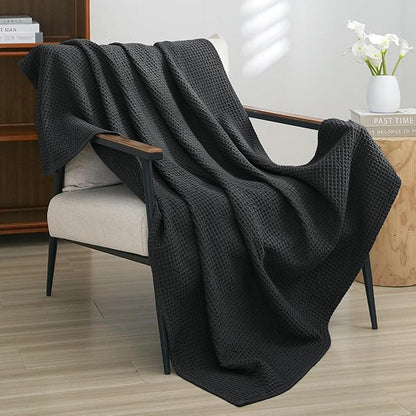 PHF 100% Cotton Waffle Weave Throw Blanket 50" x 60" - Lightweight Washed Soft Breathable for Adults and Kids - Perfect Layer for Couch Bed Sofa - Elegant Home Decoration Gift - Black