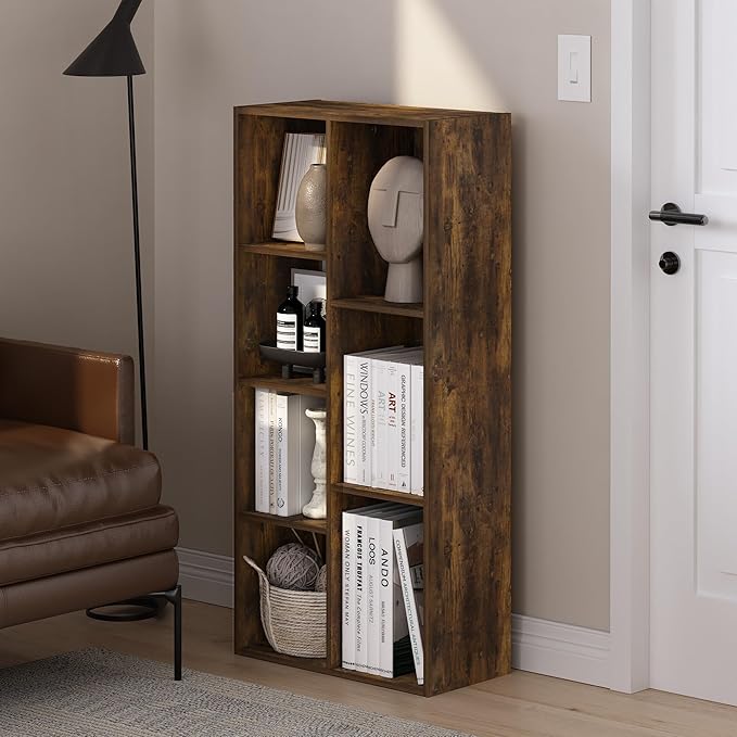 Furinno LUDER Book Shelf, 7-Cube Bookshelf, Bookcase, 9.4" x 19.5" x 41.7", for Living Room, Bedroom, Home Office, Amber Pine
