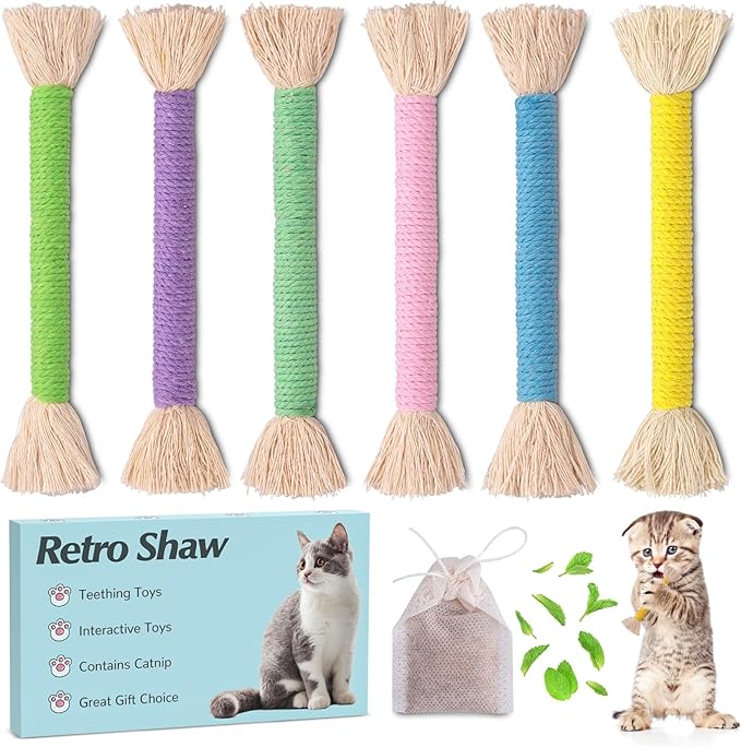 Retro Shaw Kitten Toys Catnip Ropes Cat Chew Toys, 6 Pack, Kitten Teething Toys for Indoor Cats Kitty, Safe Kitty Kicker Sticks Dental Toy-Mewly Pet