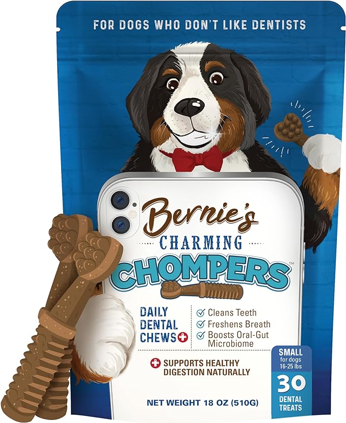 Bernie's Charming Chompers - Daily Dental Chews for Dogs 15-25 Lbs. - 30 Count - Cleans Teeth, Freshens Breath, + Boosts Oral-Gut Microbiome. Easy to Digest, Supports Healthy Digestion Naturally-Mewly Pet