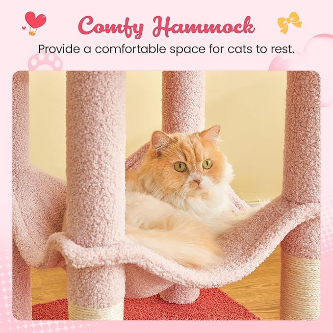 MWPO Cute Cat Tree, 63.8-Inch Pink Cat Tower for Indoor Cats, Multi-Level Cat Condo with 5 Scratching Posts, 2 Perches, Hammock, Dangling Toys-Mewly Pet