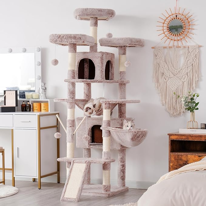 Hey-brother Cat Tree, 71 inches XL Large Cat Tower for Indoor Cats, Multi-Level Cat House with 3 Padded Perches, Big Scratcher, Cozy Basket, 2 Cat Condos and Scratching Posts, Muchroom MPJ034MU-Mewly Pet