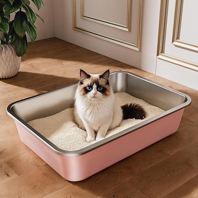 Stainless Steel Litter Box, Large Metal Cat Litter Box for Big and Small Cats, Non-Stick, Easy to Clean, Odor-Free, 19.5" L×13.6" W×3.9" H, Blush Pink-Mewly Pet