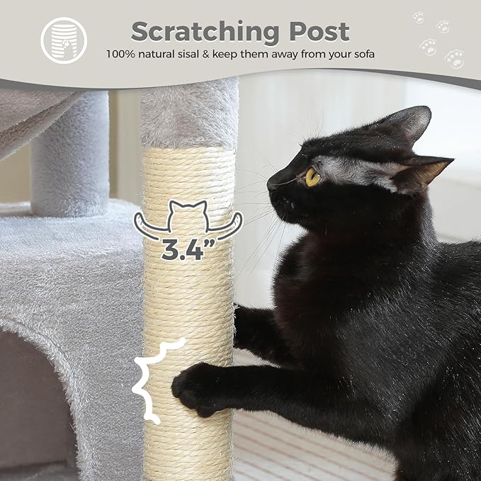 PEQULTI 4-in-1 Cat Tree, 33'' Cat Tower for Indoor Cats with Large Cat Condo, Scratching Post for Cats with Deep Hammock& Cozy Top Perch, Grey-Mewly Pet