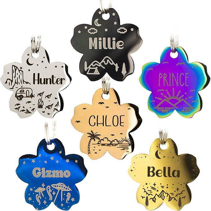 Personalized Dog Tag with 5 Lines of Custom Deep Engraved Durable Stainless Steel Pet ID Name Tag Designer Regular Size Flower-Mewly Pet