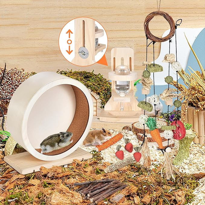 antiai 9.8 Inch Wooden Hamster Exercise Wheel Set,Silent Wheel Quiet Spinner Hamster Running Wheels,Hamster Water Feeder Accessories Chew Toys for Hamsters, Gerbils, Mice and Other Small Pets,9 pcs-Mewly Pet