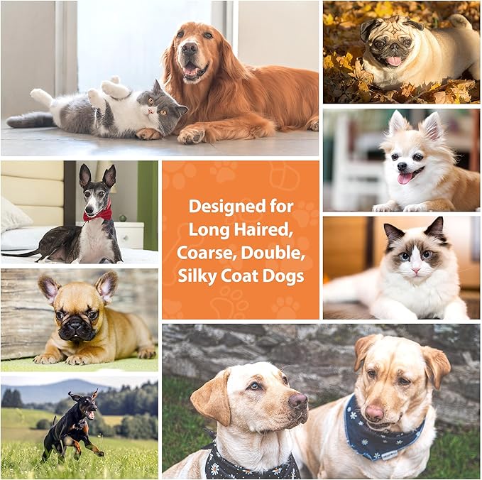 Dog Brush for Long Haired Dogs, 27mm Extra Long Metal Pin Dog Deshedding Brush and Comb Set, Short Haired Shedding Grooming Detail Pets Brush Set with Rubber Handle-Mewly Pet