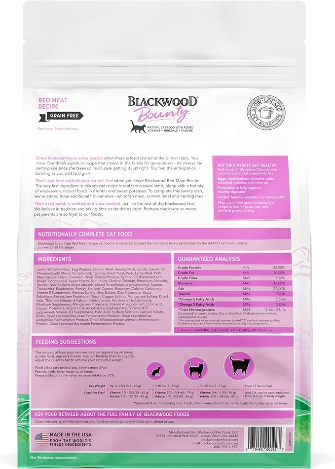 Blackwood Bounty Dry Cat Food, Red Meat Recipe for All Life Stages, 10 Pound Bag, High Protein, Grain Free-Mewly Pet