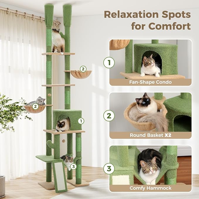 PAWZ Road Cactus Cat Tree Floor to Ceiling Cat Tower with Adjustable Height(85-112 Inches), 7 Tiers Climbing Activity Center with Cozy Hammocks, 5 Platforms and Scratching Posts for Indoor Cats-Mewly Pet