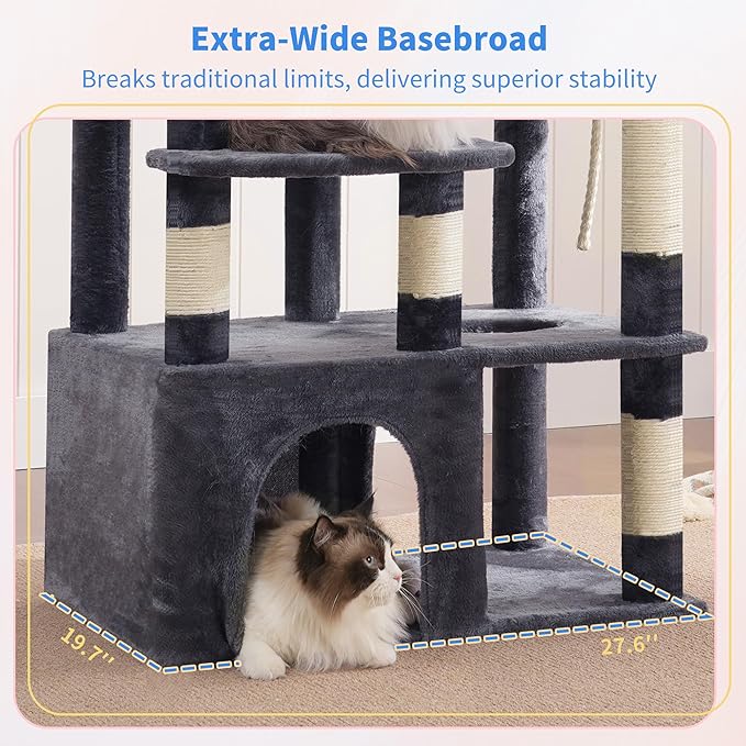 Heybly Heavy Duty Cat Tree, 71-Inch Tall Tower for Large Maine Coon with Extra-Large Baseboard, Cat Condo Furniture with Multi-Level Platforms, 2 Hammocks and 12 Scratching Posts, Smoky Gray HCT037G-Mewly Pet