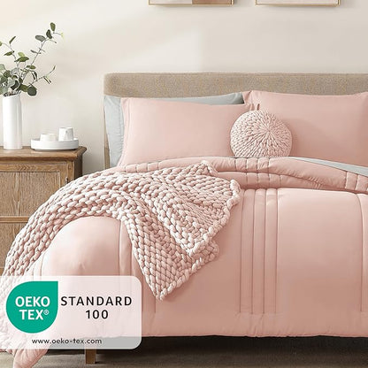 Monbix Twin XL Size Comforter Set - Extra Long 5 Pieces Dorm Bedding Sets, Quilting Design Fluffy Bed in a Bag Twin XL with Sheets, Pillowcase & Sham(Light Pink)