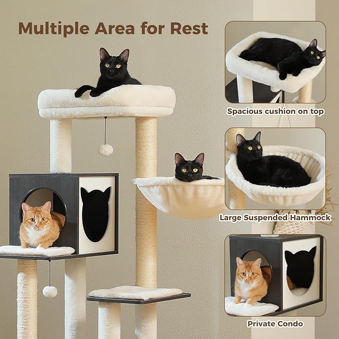 PEQULTI 57.5" Cat Tree with Litter Box Enclosure Large, Wood Cat Tower for Indoor Cats with Storage Cabinet and Cozy Cat Condo, Sisal Covered Scratching Post and Repalcable Dangling Balls, Black-Mewly Pet
