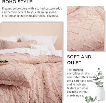 Bedsure Full Comforter Set - Coral Pink Comforter, Boho Tufted Shabby Chic Bedding for Kids, 3 Pieces Vintage Farmhouse Bed Set for All Seasons, Fluffy Soft Bedding with 2 Pillow Shams