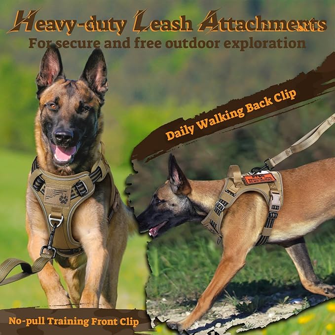 rabbitgoo Dog Harness for Large Dogs No Pull, Tactical Service Pet Vest with Molle and Control Handle, Adjustable and Reflective Military Harness for Easy Walking and Training, Brown, XL-Mewly Pet