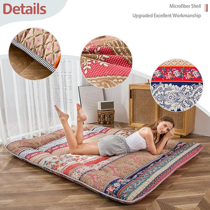 MAXYOYO Bohemian Retro Floor Mattress Vintage Floral Japanese Futon Mattress Roll Up Thicken Sleeping Bed Portable Camping Mattress Floor Lounger Couch Bed Mattress Pad, King Size