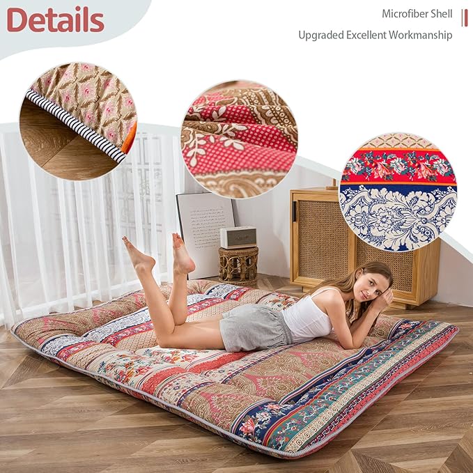 MAXYOYO Bohemian Retro Floor Mattress Vintage Floral Japanese Futon Mattress Roll Up Thicken Sleeping Bed Portable Camping Mattress Floor Lounger Couch Bed Mattress Pad, Twin Size