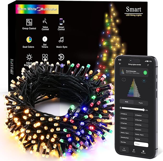 ODEETRONIC Smart Christmas Tree Lights, 98 ft 300 LED Color Changing Christmas Lights, Warm White & Multicolor Mini String Light, Music Xmas Fairy Light for Indoor Outdoor Decor, APP/Voice Control