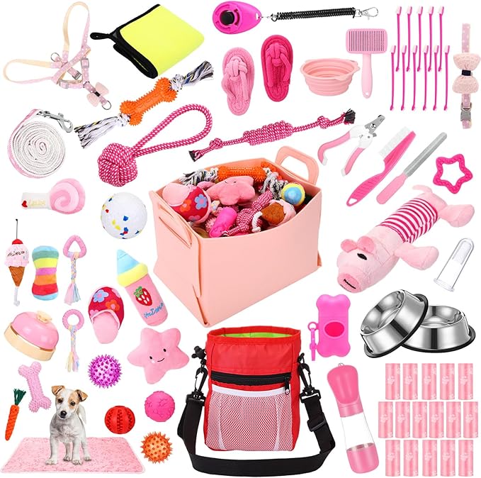65 Pcs Puppy Supplies Starter Kit Small Dog Essentials Includes Dog Leash, Toys, Bowl, Brushes, Water Bottles, pet Blankets Puppy Accessories for New Welcome Gift Supplies(Cute,Pink)-Mewly Pet