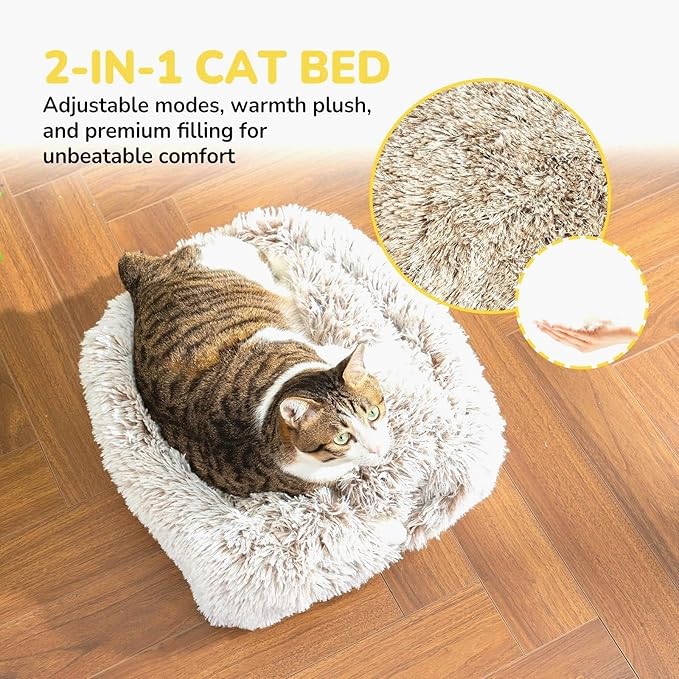 CATISM Cat Bed, Cat Cave for Indoor Cats, Soft Cat Dome, Self-Warming 2 in 1 Foldable Pet Cat House with Washable Cushioned Pillow Calming Fluffy Dog Beds for Small Dogs with Anti-Slip Bottom Brown-Mewly Pet
