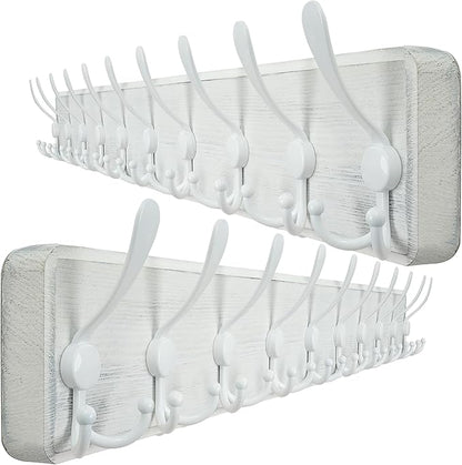 WEBI Coat Rack Wall Mounted,38 9/16" Long,10 Triple Hooks,Wood Coat Hooks Wall Mount,Large Coat Hanger Wall,Hook Rack,Tri Hooks for Hanging Coats,Clothes,Jacket,Entryway,Rustic White,2 Packs