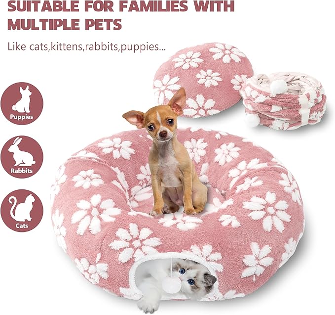 Cat Tunnel for Indoor Cats, Cute Peekaboo Cat Cave with Dangling Balls, Pet Donut Tunnel Bed with Circle Mat for Puppy Kitten Rabbit, Pink-Mewly Pet