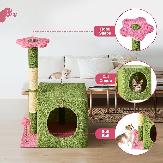 24 Inch Cat Tree Condo for Indoor Cats with Floral Sisal Scratching Post, Plush Hang Ball Play Furniture for Kittens Cats, Pink-Mewly Pet
