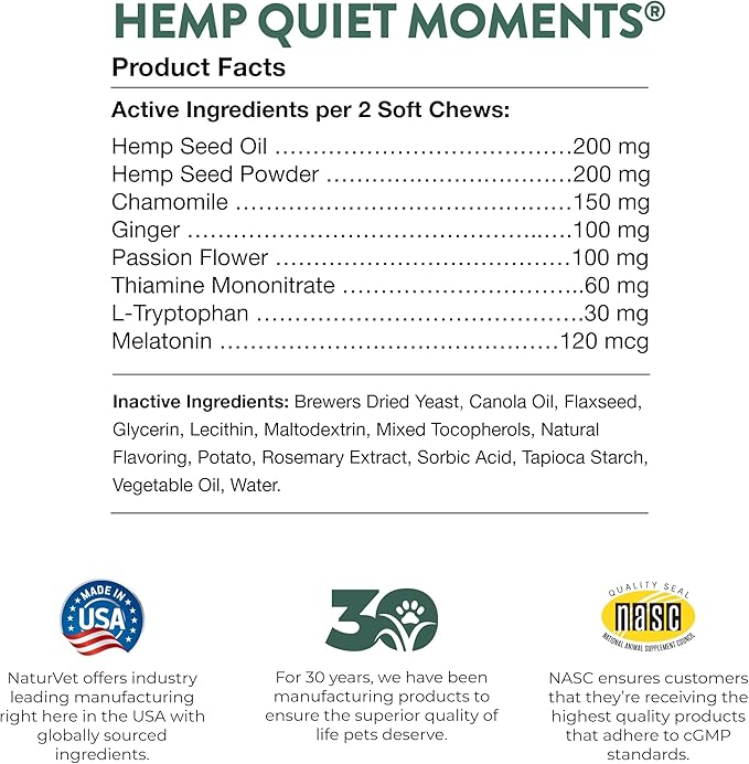NaturVet Quiet Moments Plus Hemp Calming Aid Soft Chews for Dogs, Count of 60, 60 CT-Mewly Pet