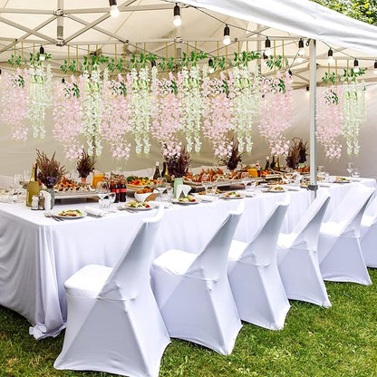 Giegxin 24 Pcs Artificial Wisteria Hanging Flowers 3.6 ft Artificial Fake Wisteria Vine Rattan Hanging Garland Silk Flowers String for Wall Home Wedding Party Greenery Decorations (Pink,White)