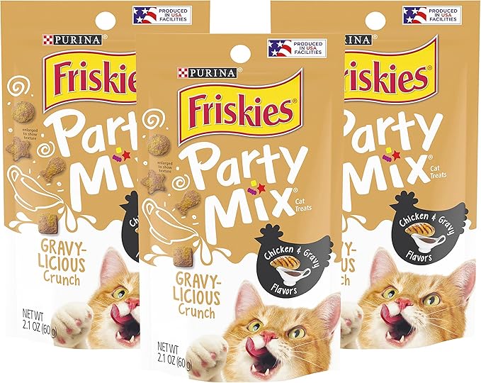 Purina Friskies Party Mix Cat Treats, Gravy-Licious Crunch with Chicken & Gravy Flavors, Crunchy Treats for Cats, 2.1 Ounce Resealable Pouch (Pack of 3)-Mewly Pet