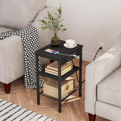 HOOBRO End Table Set of 2 with Charging Station and USB Port, 3-Tier Nightstands with Adjustable Shelf, Small Side Tables for Small Space in Living Room, Bedroom and Balcony, Black BB112BZP201