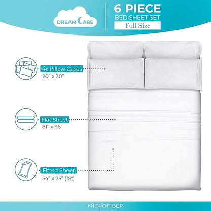DREAMCARE Sheets Full Size Bed - Cooling Bed Sheets - 6pcs Set - Full Sheet Set - Full Size Sheets - Full Size Sheet Sets Soft & Long Lasting 100% Fine Brushed Polyester with Side Pocket - White