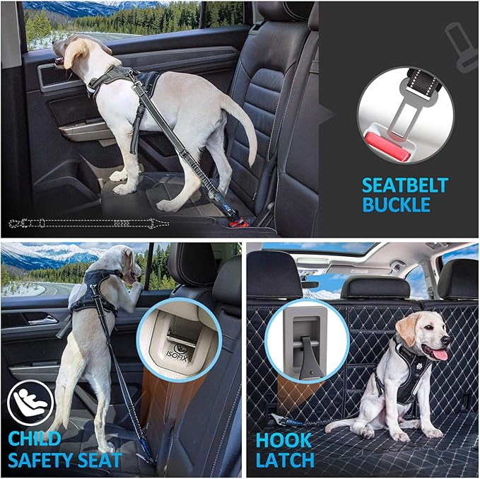 Dog Seat Belt 3-in-1 Car Harness for Dogs Adjustable Safety Seatbelt for Car Nylon Reflective Bungee Fabric Dog Car Harness with Clip Hook Latch & Buckle, Swivel Zinc Alloy Carabiner (Black)-Mewly Pet