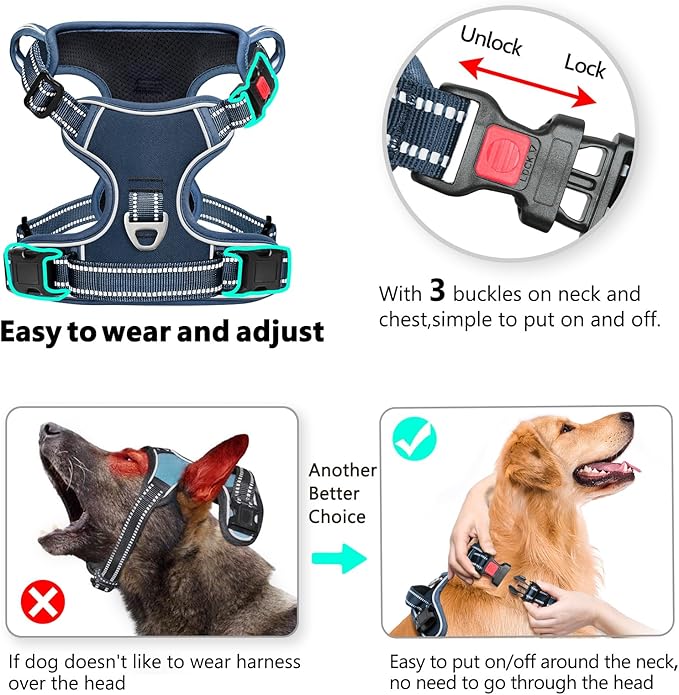 Timos Dog Harness Large Sized, No Pull Pet Harness with Neck Lockable Snap,No Choke Front Clip Dog Reflective Vest,Adjustable Metal Rings 3 Buckles,Easy Control Handle for Large Dogs Royal Blue XL-Mewly Pet