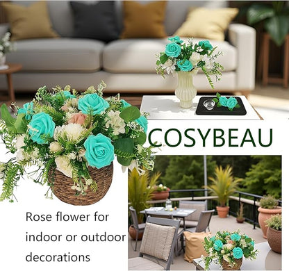 Artificial Rose Flowers 25pcs, Turquoise Blue Foam Fake Rose Faux Flower for Wedding Bouquets Bridal Shower Centerpieces Floral Arrangements Home Decorations Party Backdrops Table