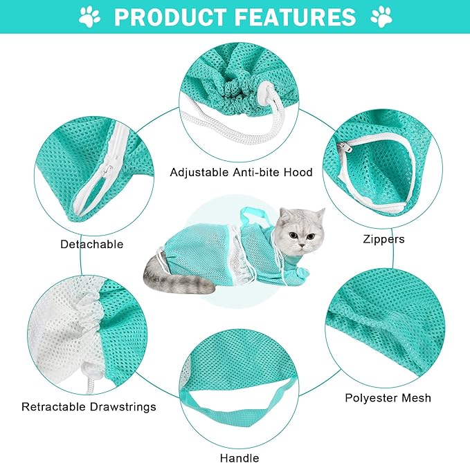 JULMELON Cat Washing Bag 10 PCS Set, Adjustable Cat Shower Net Bag and Pet Grooming Brush with Nail Clipper Nail File Hair Combs Tick Tool Nail Caps for Bathing Nail Trimming Examination（Grey+Green）-Mewly Pet