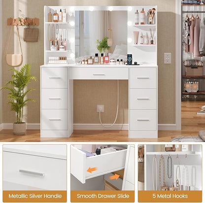 Quimoo Large Vanity Desk with LED Lighted Mirror & Power Outlet,Makeup Vanity Table with 7 Drawers,4 Shelves and 5 Hooks,Vanity Table, Vanity Desk Set for Bedroom,Bathroom,White