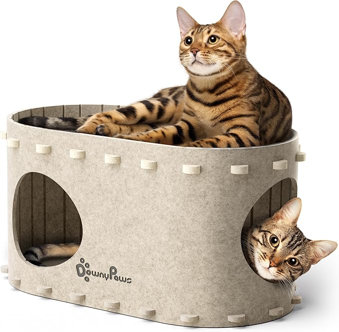 DownyPaws Cat House for Indoor Cats, Cat Bed Cave for Multiple & Large Cats Up to 22 Lbs, Scratch Resistant, Foldable Peekaboo Kitten Caves Tunnel Enclosed Bed, PeekaPurr, Cream-Mewly Pet