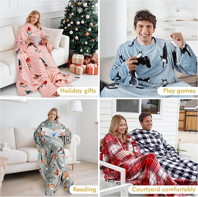 Catalonia Wearable Fleece Blanket with Sleeves and Foot Pockets for Adult Women Men, Micro Plush Comfy Wrap Sleeved Throw Blanket Robe Large, Blue