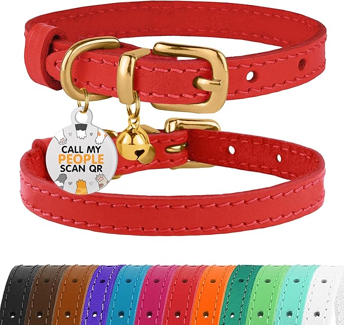 BRONZEDOG Leather Cat Collar with Removable Bells Non Breakaway Kitten QR Tag for Girl Boy (9" - 12" Cats/Mini Dogs, Red & Gold)-Mewly Pet