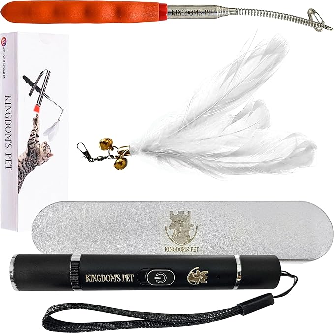 KINGDOM'S PET 3-in-1 Interactive Cat Toy Set – Rechargeable Laser Pointer, Feather Teaser & Wand for Indoor Cats’ Play and Exercise-Mewly Pet