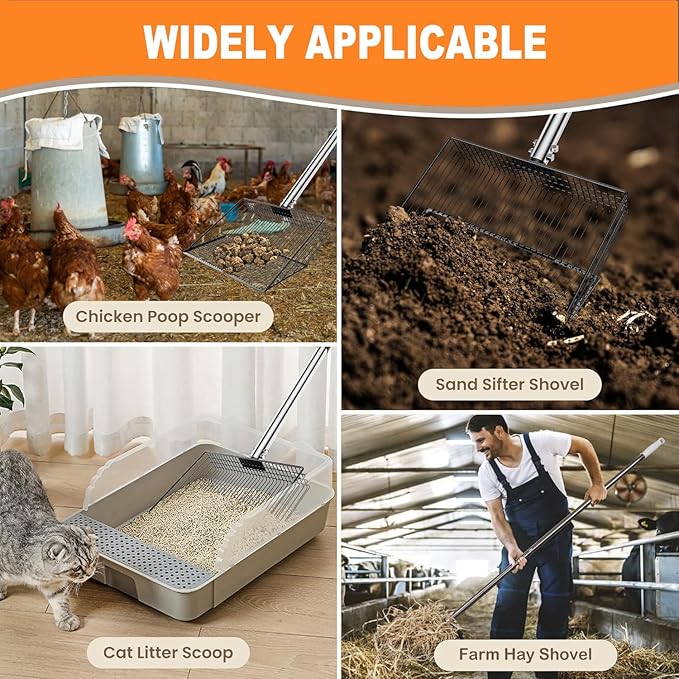 Chicken Poop Scooper, SUVEUS 10 inch Stainless Steel Coop Scoop, Adjustable 32"-67" Long, 5 in 1 Chicken Coops Shavings Shovel, Heavy Duty Sand Sifter Shovel-Mewly Pet