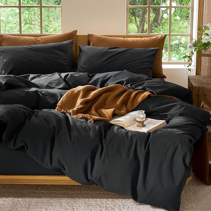 MooMee Bedding Duvet Cover Set 100% Washed Cotton Linen Like Textured Breathable Durable Soft Comfy (Solid Black, Twin 68"x90")