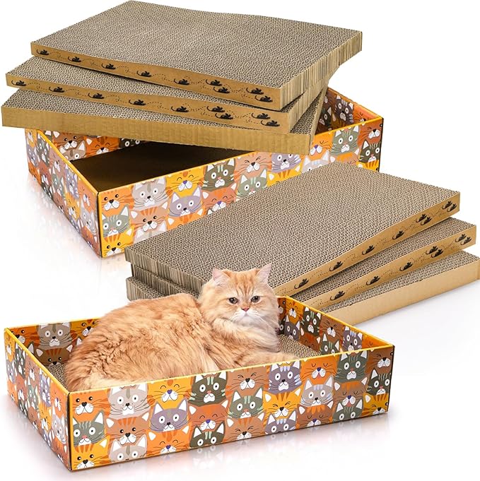 Set of 2 Cardboard Cat Scratchers, 6 Pcs Corrugated Cat Scratch Pad with 2 Boxes, Cute Reversible Kitty Sofa Bed, Refillable Wave Shaped Lounge, Interactive Kitten Toy for Indoor Cats-Mewly Pet