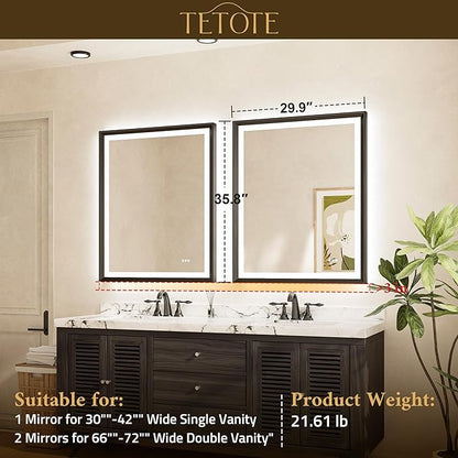 TETOTE LED Bathroom Mirror with Lights Black Metal Framed 30x36 Frontlit & Backlit Vanity Mirror Baroque Gothic Antifog Stepless Dimmable White/Warm/Natural,Wall Mounted(Horizontal/Vertical)