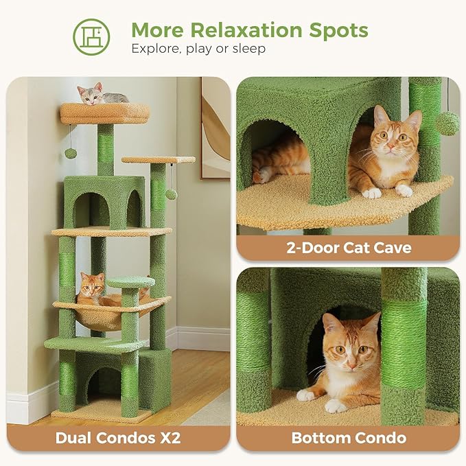 PAWZ Road Cat Tree, 53.5 Inches Tall Cat Tower with Spacious Hammocks, Condos and Scratching Posts, Cat House with Dual Padded Perches for Indoor Large Cats-Green-Mewly Pet