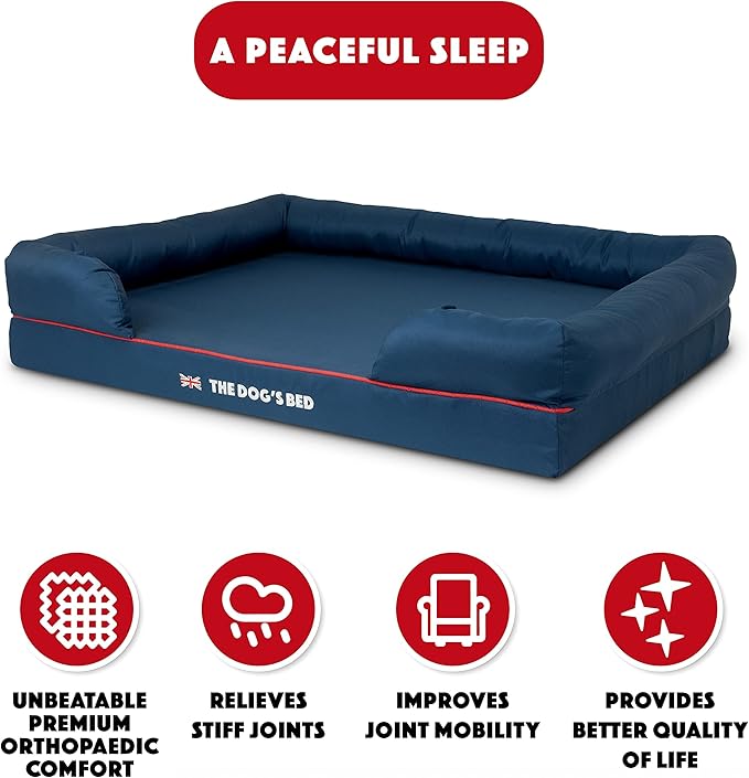 The Dog’s Bed Orthopedic Dog Bed XL Blue Oxford with Red Trim UK Flag Dog Bed 43.5x34, Memory Foam, Pain Relief: Arthritis, Post Surgery, Lameness, Veterinary Approved, Waterproof Washable Cover-Mewly Pet