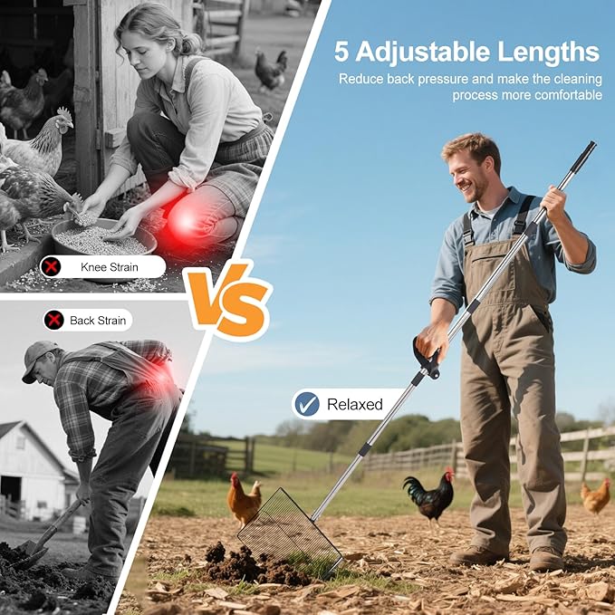 15inch Large Chicken Poop Scooper with Ergonomic Grip, 5 in 1 Adjustable Chicken Coop Pooper Shovel (24 to 76.5"), Stainless Steel Litter Sifting Shovel Scoop for Chicken Coop/Goat Stall/Stable-Mewly Pet