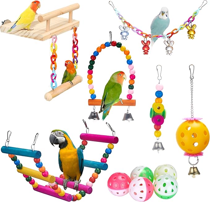 11Pcs Bird Parakeet Toys Wooden Bird Platform Stands Swing Hanging Chewing Toy Parrot Climbing Ladder Colorful Bird Cage Toys for Parakeet, Conure, Cockatiel, Love Birds, Finches-Mewly Pet