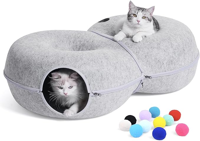 8-Shaped Large Cat Tunnel Bed for Indoor Cats, Infinite Circulation Peekaboo Cat Cave with 12 Toy Balls, Cat Donut Tunnel for Cats up to 30 Pounds (Light Grey, L 38x24x11in)-Mewly Pet